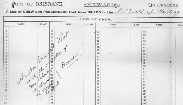 Port of Brisbane, list of crew SS Furth, July 10th 1914