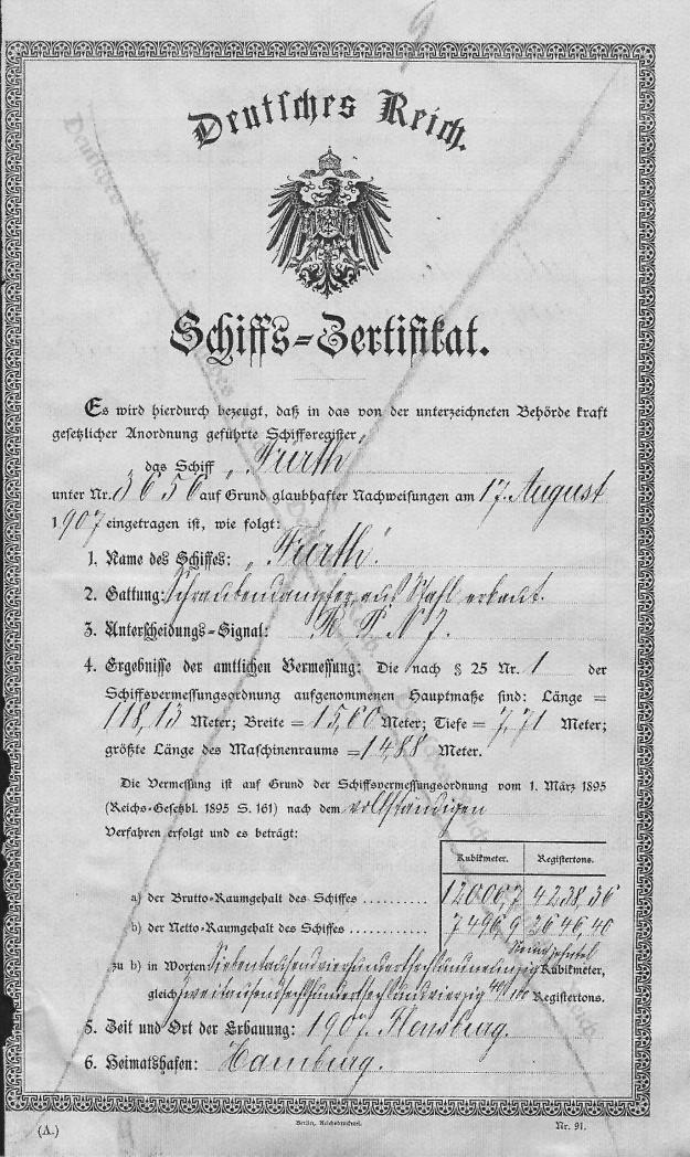 steamer Furth, certificate, page 1